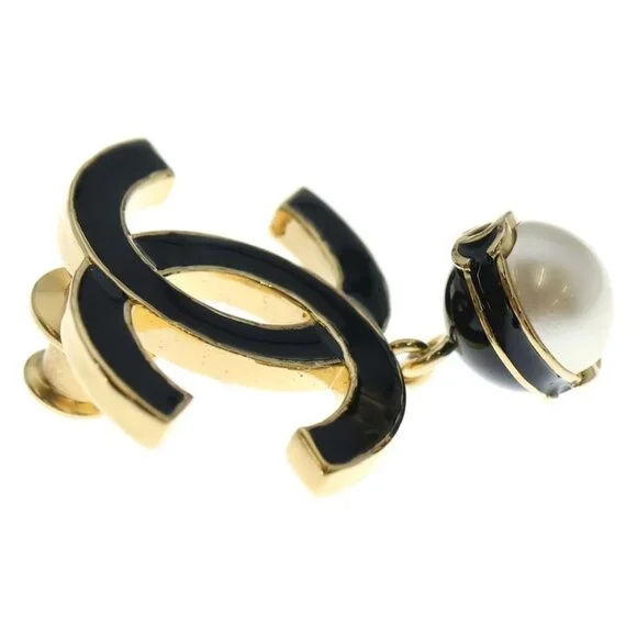 Chanel CC Logo Faux Pearl Brooch Black Gold